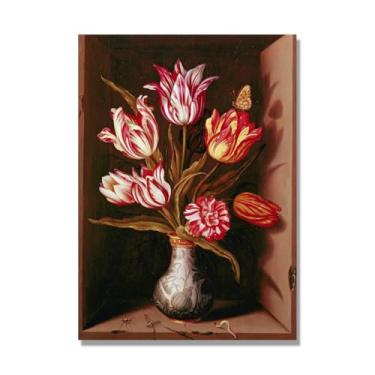 Imagem de Arte floral vintage natureza morta, pintura botânica clássica, decoração de casa quente para sala de estar e sala de jantar. C16. 50x70cm-19,6x27,5 pol. Somente tela