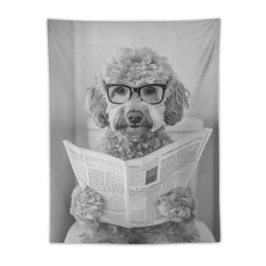 Imagem de Tapeçaria de leitura de poodle com óculos, preto e branco, cena de banheiro, arte engraçada para pendurar na parede, decoração de casa caprichosa para banheiro, sala de estar, ambiente lúdico