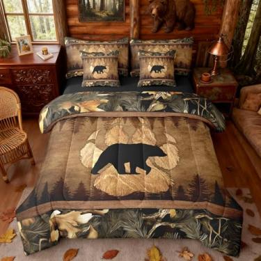 Imagem de Jogo de cama com estampa de pata de animal selvagem, estampa de pata e plantas naturais, retrô, marrom, lençol com elástico, lençol de cima, 2 fronhas, 2 fronhas, casal