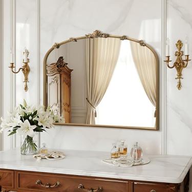 Imagem de Besdomus Espelho dourado vintage grande: espelho arqueado ornamentado tradicional de 91,4 cm x 73,7 cm - espelhos antigos barrocos franceses para parede/cornija/quarto/entrada/banheiro/corredor
