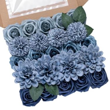 Imagem de BSMYBO Conjunto de caixa de flores artificiais, rosas falsas, dália, flores azuis empoeiradas, bola de crisântemo artificial com hastes para casamento, buquês de noiva, centros de mesa, chá de bebê