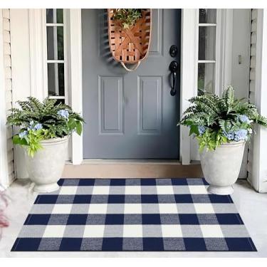 Imagem de Tapete xadrez Buffalo 69.8 cm x 109.2 cm azul branco outono frente alpendre tapete de algodão lavável interior exterior tapete para porta de boas-vindas entrada sala de jantar quarto sala de estar