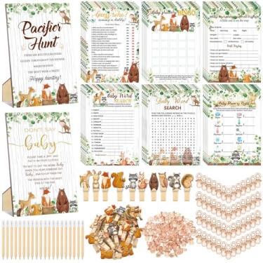 Imagem de Sherr Conjunto de 8 jogos de chá de bebê Woodland com 424 peças inclui chá de bebê Bingo Price Is Right Guess Who Word Scramble Prediction and Advice Pacifier Hunt Game 50 chupetas Don't Say the Words