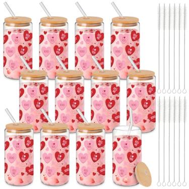 Imagem de Willinglong 12 peças de copos de vidro para Dia dos Namorados com tampas Canudos de 40 ml Corações Rosa Copos de Bebida Copo Doce Lata Gelada em Forma de Amor Copos de Café para Dia dos Namorados