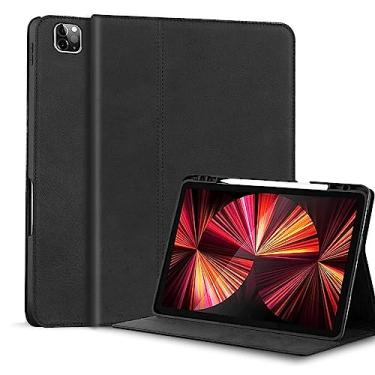Imagem de Gexmil Nova capa para iPad Pro 12,9 polegadas 2022/2021 polegadas (6ª/5ª geração), capa de couro genuíno para iPad Pro 12,9 polegadas (2020/2018), com suporte para lápis, carregamento sem fio para lápis 2, feita de couro de vaca real, preto lixado