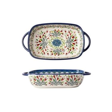 Imagem de Caçarola Prato de Orelha Dupla Assadeira Prato Doméstico Cerâmica Retro Utensílios de Mesa Alça Salada Cozinha Profunda (19,5 cm)