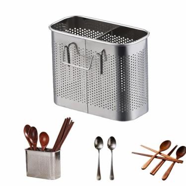 Imagem de Escorredor de utensílios de aço inoxidável 304, escorredor de talheres de 2 camadas com ganchos, organizador de pia de cozinha antiferrugem e suporte de talheres para máquina de lavar louça