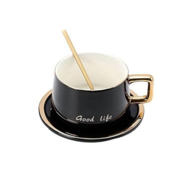 Imagem de Conjunto moderno de chávenas e pires de café com borda dourada de alta qualidade, conjunto de chá da tarde inglês, xícaras de chá de cerâmica, utensílios para bebidas (preto)