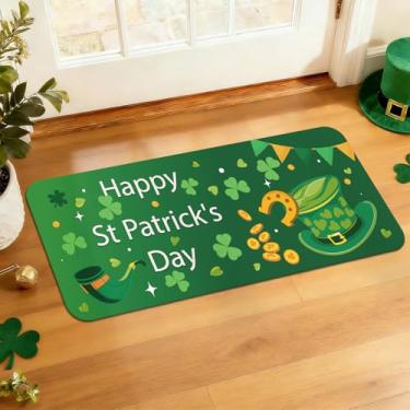 Imagem de Tapete de porta de boas-vindas do Dia de São Patrício 43 x 73 cm, tapete de porta da sorte trevo verde para porta da frente, tapete de entrada antiderrapante de baixo perfil interno e externo
