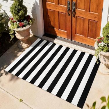 Imagem de Fixseed Tapete listrado preto e branco, 1,2 m x 1,8 m, tapete listrado ao ar livre, de algodão, lavável, para ambientes internos e externos, capachos para sala de estar, sala de jantar, quarto