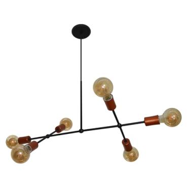Imagem de Lustre Luminária Pendente Com 6 Braços (hastes) Ideal Mesa De Jantar Retangular, Sala, Quarto (Preto com Cobre)
