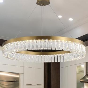 Imagem de Aheylity Lustre moderno dourado redondo LED cristal iluminação com luz de 3 cores lustres contemporâneos montagem embutida iluminação pendente para sala de estar sala de jantar quarto D31,5 H5,5