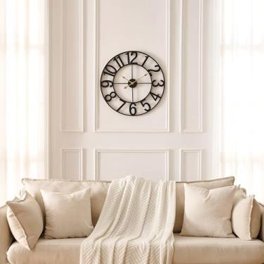 Imagem de Alarmore Relógios de parede para decoração de sala de estar, relógio de parede grande silencioso operado por bateria, rústico industrial casa de fazenda relógios de parede de metal preto para cozinha