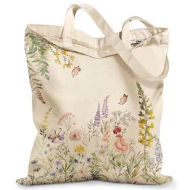 Imagem de Miss Adola Sacola feminina de lona – Lindas bolsas de lona com zíper design estético, sacolas reutilizáveis para compras, trabalho, viagens, férias diárias, flores frescas