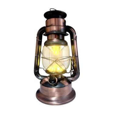 Imagem de Abajur Luminária Lampião LED Retrô Vintage, Cobre Antigo, Metal e Vidro, 29cm Altura, Luz Ajustável, com Alça e Gancho, para Camping e Decoração