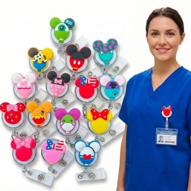 Imagem de Pacote com 15 carretéis de crachá de orelha de rato fofos retráteis para professores de enfermagem - Porta-crachás de identificação inspirados em personagens de desenhos animados com cordão e clipe de