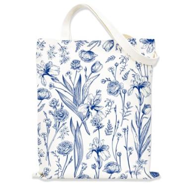 Imagem de Sacola estética Blue Wildflowers para mulheres e meninas, bolsas de tecido com alças, sacola temática floral, sacolas fofas para mulheres, bolsa de compras reutilizável para viagens, compras, trabalho