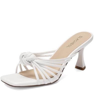 Imagem de SLXCHBSL Salto gatinho com tiras para mulheres, com nó quadrado, bico aberto, sandálias sem cadarço para festas, casamentos, feriados, Branco, 35