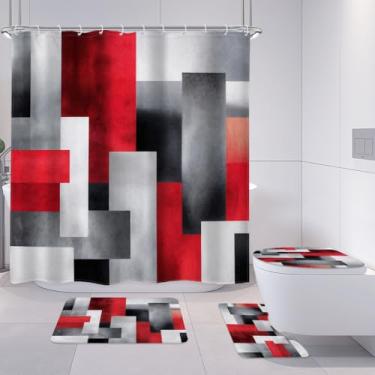Imagem de Riyidecor Conjunto de 4 peças de cortina de chuveiro preta vermelha com tapetes antiderrapantes, tampa de vaso sanitário e tapete de banho, abstrato, minimalista, geométrico, impermeável, pacote com