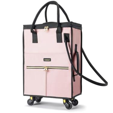 Imagem de Bolsa de compras reutilizável com rodas, bolsa de viagem dobrável, bolsa de bagagem de mão com alça e capa de zíper para viagens, carrinhos de compras leves com rodinhas (fosco-rosa, pequeno_41L)