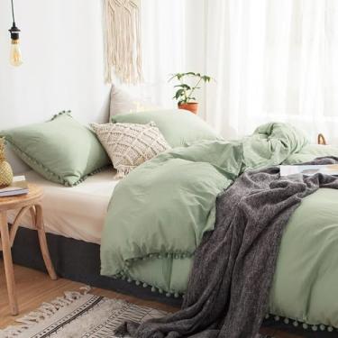 Imagem de Conjunto de cama verde grama verde pompom conjunto de capa de edredom chique gasto conjunto de cama macio cor sólida produtos têxteis para casa, conjunto de cama de quatro peças (verde Reino Unido