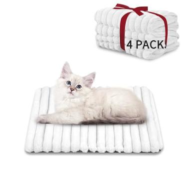 Imagem de NWK Pacote com 4 tapetes fofos para gatos autoaquecidos, cobertor para gatos, tapete térmico para cães, lavável, fundo antiderrapante para sofá, caixa, canil e assento de carro (branco cremoso