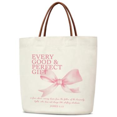 Imagem de mermermu Bolsa feminina com laço rosa Coquette, presente Christian James 1:17, sacolas de lona estéticas reutilizáveis para compras de supermercado com alças de couro, bolsa de ombro para praia -14