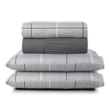 Imagem de Jogo Cama Lençol Celi Casal Padrão Estampado Micropercal 200 Fios 4 Peças Xadrez Grid Cinza