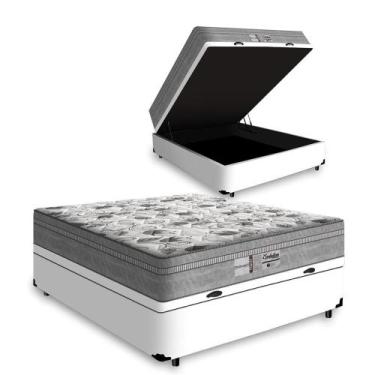 Imagem de Cama Box Baú Viúva Tecido Sintético Branco Com Colchão de Molas Ensaca