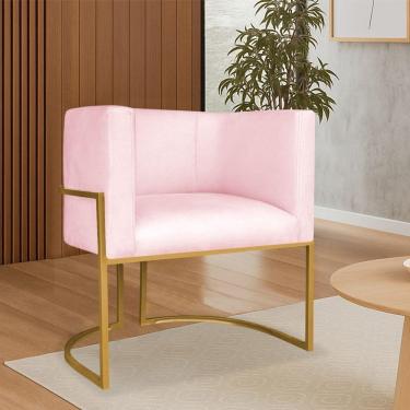 Imagem de Poltrona Dália Luxo Moderna Estofada Design Sofisticado Com Base De Ferro Dourado Suede Rosa Bebê