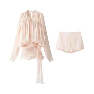 Imagem de Conjunto De Moda Feminino Com Blusa Plissada Com Laço E Shorts Cargo D