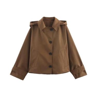 Imagem de Casaco Feminino De Outono Com Capuz E Lapela, Manga Longa, Abotoamento