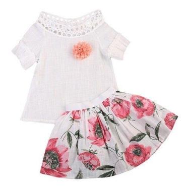 Imagem de Conjunto Infantil Menina Saia Florida E Blusa Renda Com Rosa - anjo da