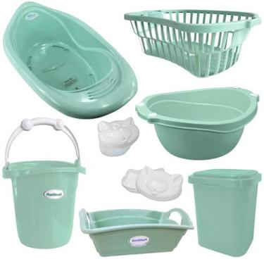 Imagem de Kit banho bebe 8 peças banheira balde bacia lixeira organizador cesto 
