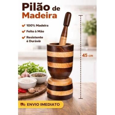 Imagem de Pilão de Madeira Artesanal Fino Acabamento 45 cm Listrado - Multi Stor