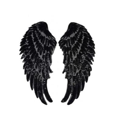 Imagem de Par De Apliques Asa De Anjo Paetê Termocolante Brilho Luxo 26,5x25cm -