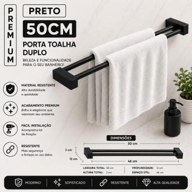 Imagem de Porta Toalha Duplo Banheiro Toalheiro 50cm Preto Fosco - Decora