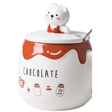 Imagem de seelucky Caneca de astronauta com colher urso copo de café de cerâmica infantil caneca de leite de desenho animado xícara de chá presente de aniversário escritório casa (urso marrom chocolate)