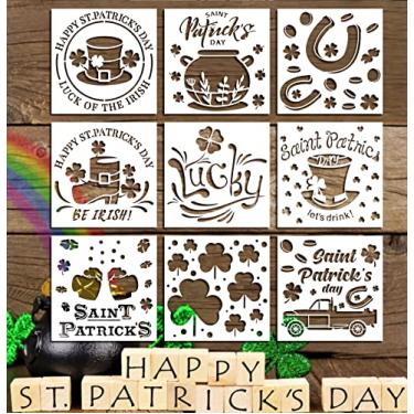 Imagem de 9 peças grandes de estêncil de trevo de dia de São Patrício para pintura em tecido de parede de madeira, modelos de estêncil de trevo de palavras da sorte para decoração de casa, placas de madeira de tinta, estêncil de plástico reutilizável