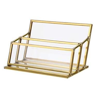 Imagem de Suporte para cartão de visita de vidro Hipiwe 2 compartimentos – Cartão de exibição com moldura de metal dourado para cartão, organizador de cartões de visita para mesa de escritório, serve para 80-100 cartões de visita