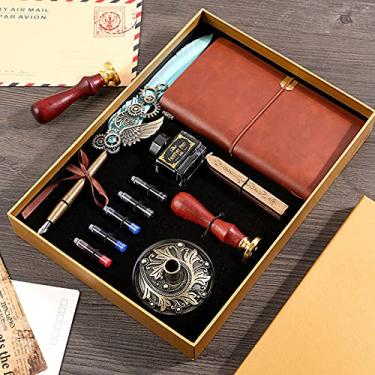 Imagem de HIOD Pen Pen Pen Retro Caligrafia Pen Set with Ink Bag Ink Extraction Tube Pen Pen Notebook Fire Paint Seal Stationery Gift Box, Sky Blue