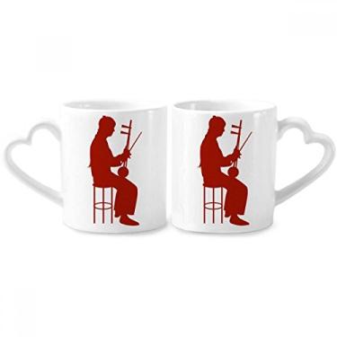 Imagem de China Erhu Player Illustration Pattern Couple Porcelain Mug Set Ceramic Lover Cup Heart Handle