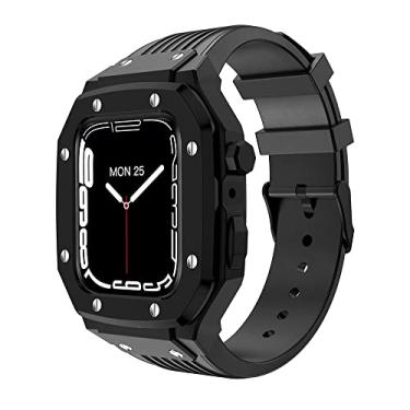 Imagem de KANUZ Pulseira robusta com capa de metal para Apple Watch Band 44mm 45mm Pulseira de silicone com capa protetora de pára-choques iWatch 8/7/6/5/4/SE (Cor: Preto, Tamanho: 45mm para 8/7)