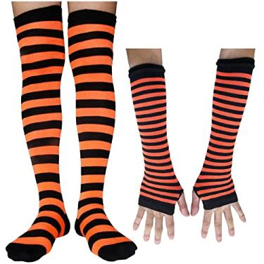 Imagem de SYAYA Luvas femininas listradas longas sem dedos, aquecedores de braço tricotados de inverno para punk rock/cosplay/gótica/festa de Natal WM-S-G5, Z1 - Preto e Laranja - Meias + Luvas, Tamanho Único