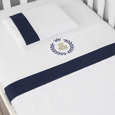 Imagem de Jogo de Lençol Padrão Americano Bordado Thed 3 Peças, Laura Baby, Azul Marinho