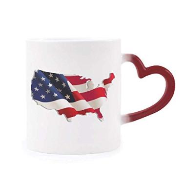 Imagem de Caneca sensível ao calor com mapa da bandeira dos Estados Unidos com estrelas e listras, copo de grés que muda de cor vermelha