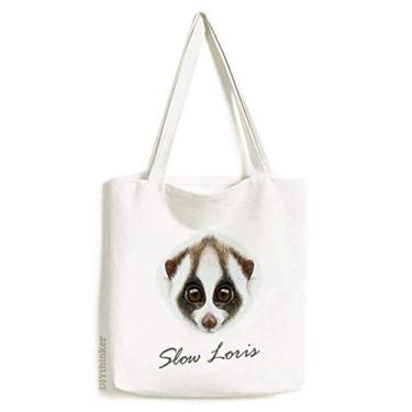 Imagem de Bolsa sacola de lona branca marrom Loris Animal com olhos grandes bolsa de compras casual
