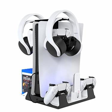Imagem de Suporte vertical PS5 com ventilador de resfriamento e estação de carregador de controlador duplo para console playstation 5 , dock station de carregamento PS5 com gancho de fone de ouvido, armazenamento em rack de 14 jogos