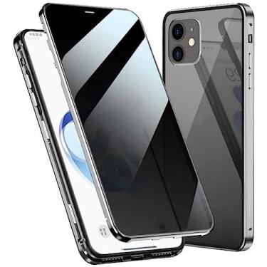 Imagem de KAVJU Capa de telefone flip magnética anti-peep, capa de vidro temperado dupla face para Apple iPhone 12 (2020) 6,1 polegadas, pára-choques de metal (cor: branco)