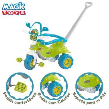 Imagem de Triciclo Infantil Tico Tico Motoca Dino Verde Com Haste Removível Aces